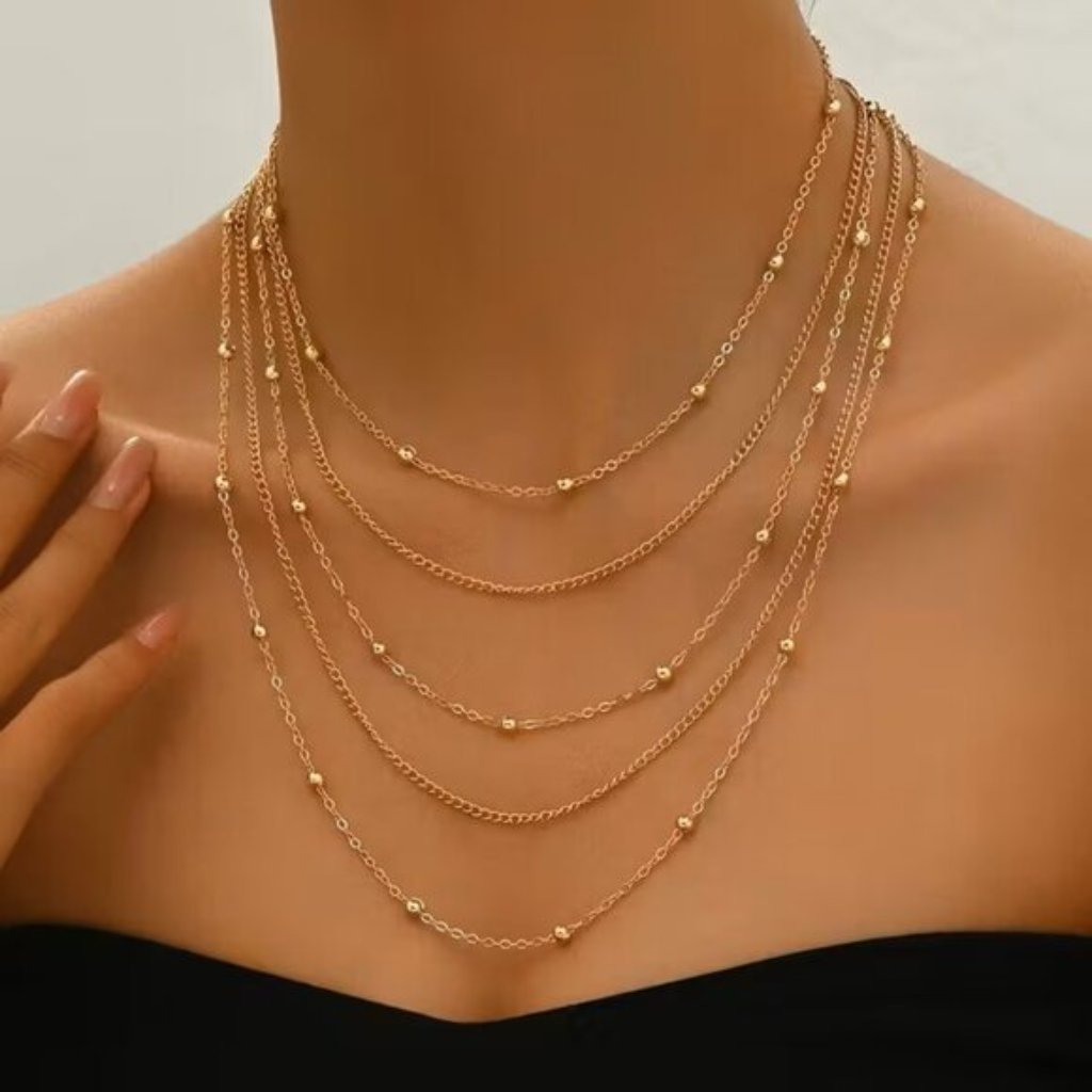 Gold Layered Multi Strand Beaded Chain Necklace Adjustable Choker Boho Statement 29$